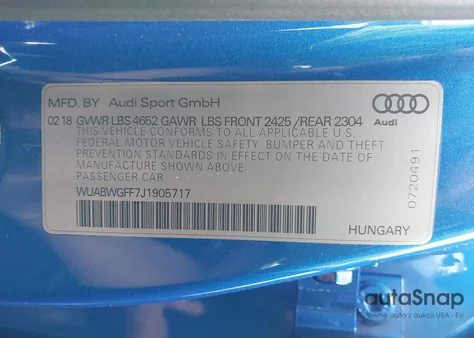 2018 Audi Rs 3 2.5T z USA, uszkodzony, nr VIN WUABWGFF7J1905717